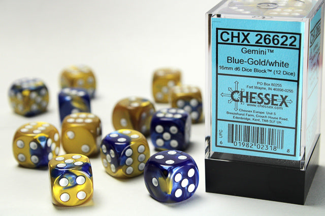 GEMINI 12D6 BLUE-GOLD WITH WHITE 16MM Dice Chessex    | Red Claw Gaming