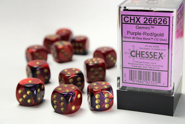 GEMINI 12D6 PURPLE-RED WITH GOLD 16MM Dice Chessex    | Red Claw Gaming