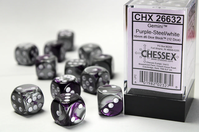 GEMINI 12D6 PURPLE-STEAL WITH WHITE 16MM Dice Chessex    | Red Claw Gaming