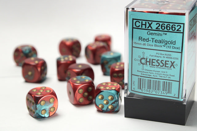 GEMINI 12D6 RED-TEAL WITH GOLD 16MM Dice Chessex    | Red Claw Gaming