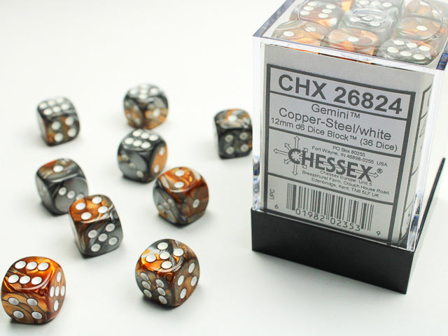 Gemini® 12mm d6 Copper-Steel/white Dice Block Dice Chessex    | Red Claw Gaming