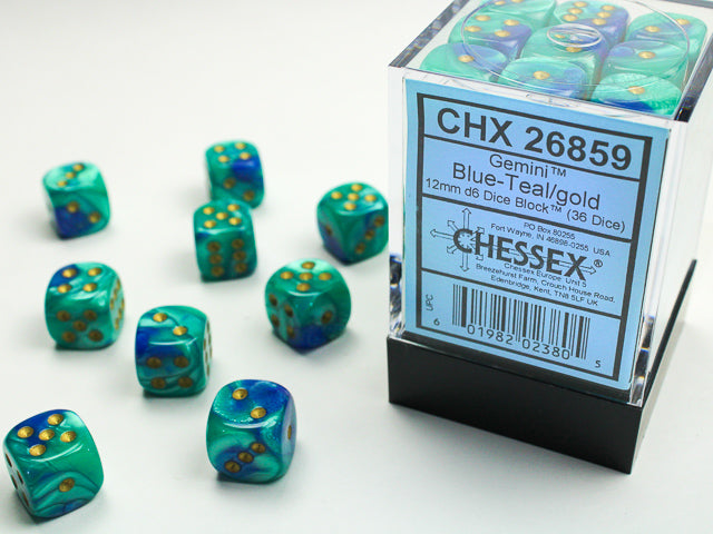 Gemini® 12mm d6 Blue-Teal/gold Dice Block Dice Chessex    | Red Claw Gaming