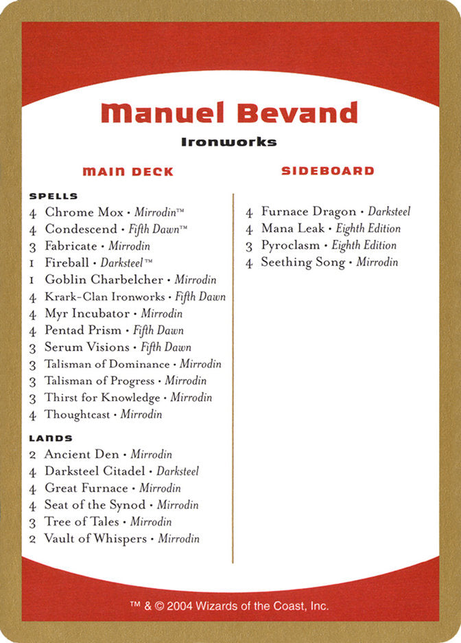 Manuel Bevand Decklist [World Championship Decks 2004] MTG Single Magic: The Gathering    | Red Claw Gaming