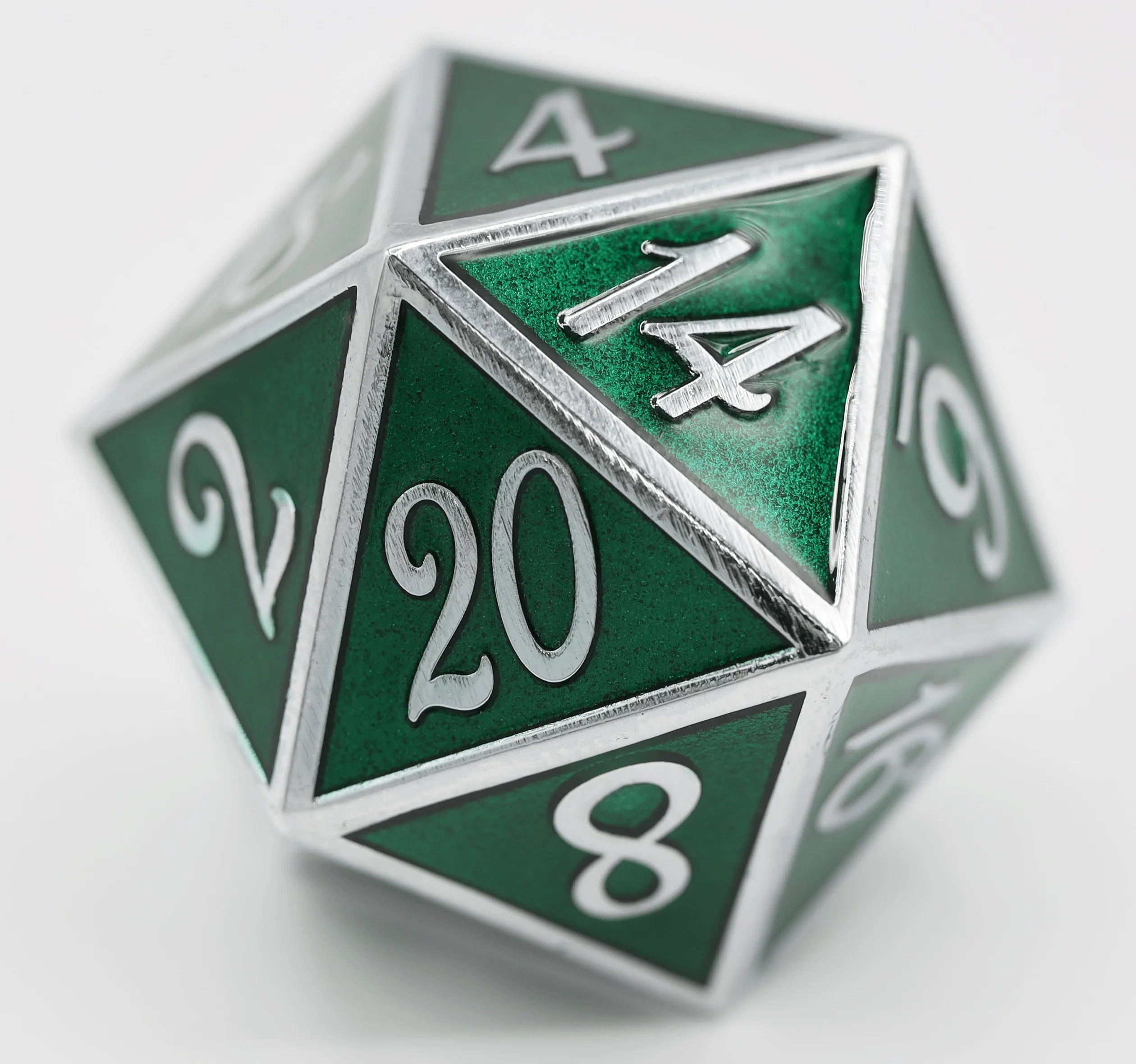 35MM METAL D20 - SILVER WITH EMERALD Dice & Counters Foam Brain Games    | Red Claw Gaming