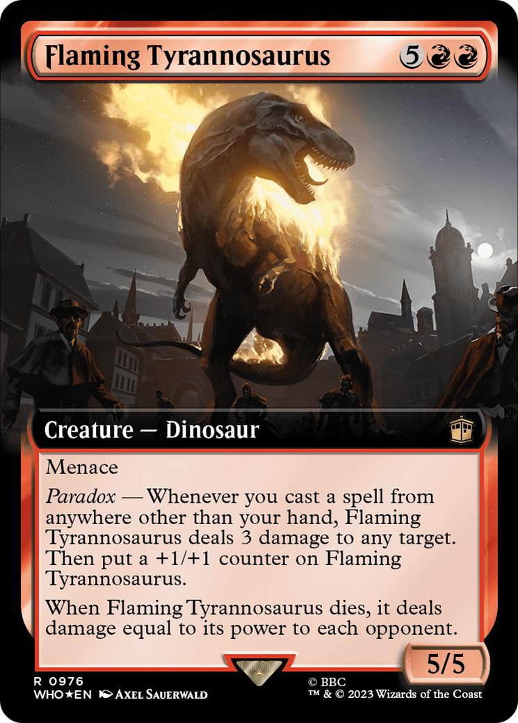 Flaming Tyrannosaurus (Extended Art) (Surge Foil) [Doctor Who] MTG Single Magic: The Gathering    | Red Claw Gaming