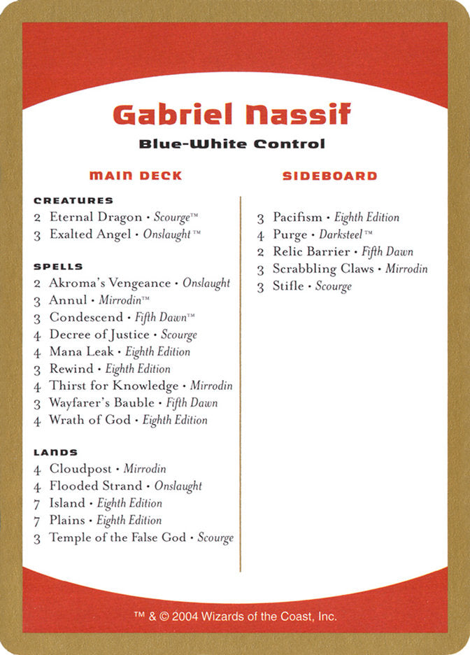 Gabriel Nassif Decklist [World Championship Decks 2004] MTG Single Magic: The Gathering    | Red Claw Gaming