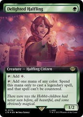 Delighted Halfling (Extended Art) (Surge Foil) [The Lord of the Rings: Tales of Middle-Earth] MTG Single Magic: The Gathering    | Red Claw Gaming