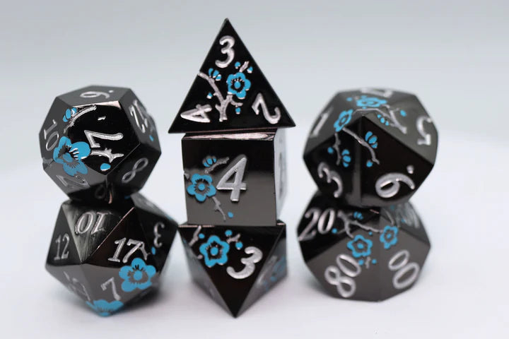 BLACK WITH BLUE ORCHIDS METAL DICE SET Dice & Counters Foam Brain Games    | Red Claw Gaming