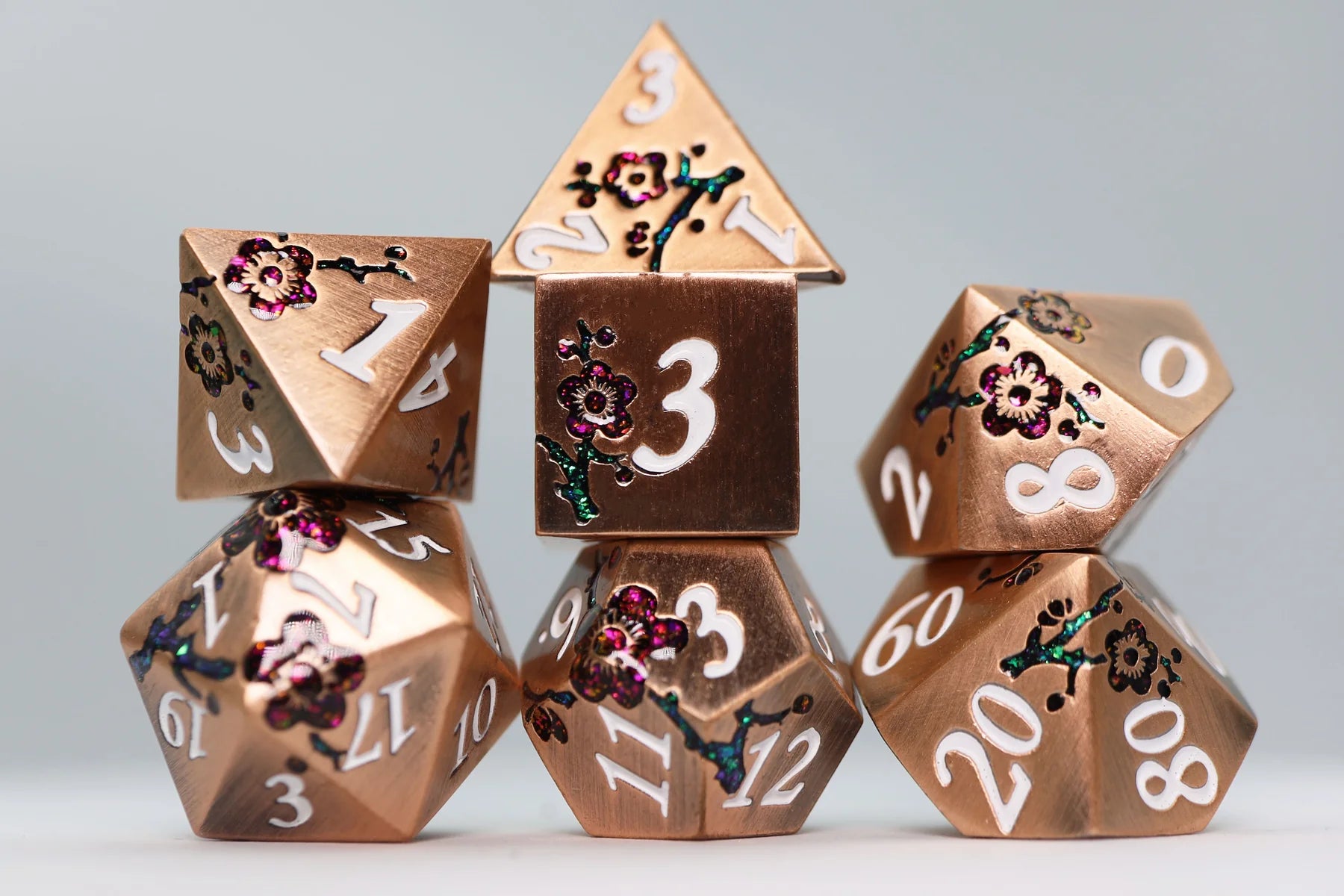 COPPER WITH RED ORCHIDS METAL DICE SET Dice & Counters Foam Brain Games    | Red Claw Gaming