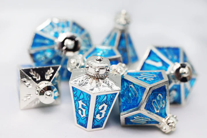MOONLIT LANTERN: SILVERED FROSTFIRE - METAL RPG DICE SET Dice & Counters Foam Brain Games    | Red Claw Gaming
