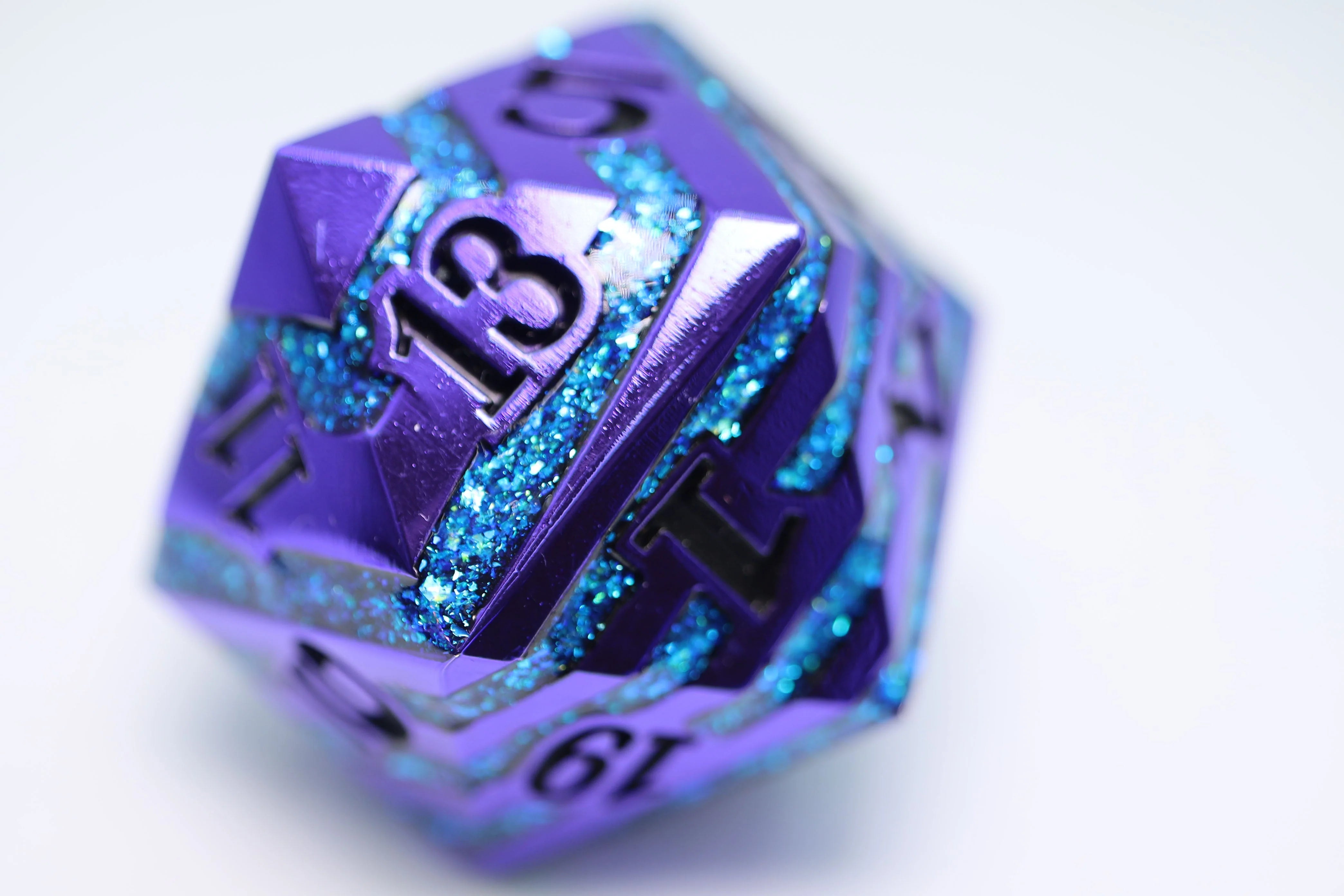 PURPLE WITH BLUE MICA - 35MM METAL D20 Dice & Counters Foam Brain Games    | Red Claw Gaming