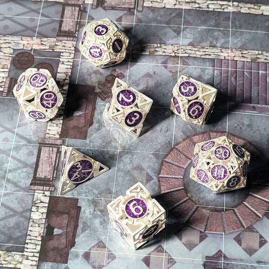 Wind's Rose Silver Purple Hollow Metal RPG Dice Set D&D Accessory Forged Gaming    | Red Claw Gaming