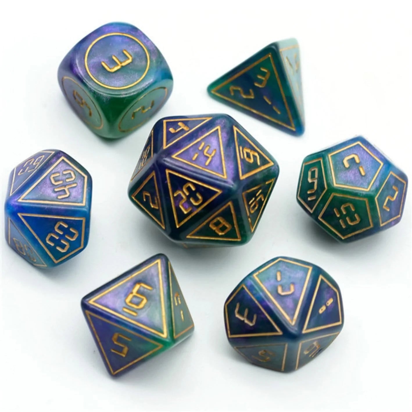 CYBERNATED PURPLE & GREEN RPG DICE SET - XLARGE Dice & Counters Foam Brain Games    | Red Claw Gaming