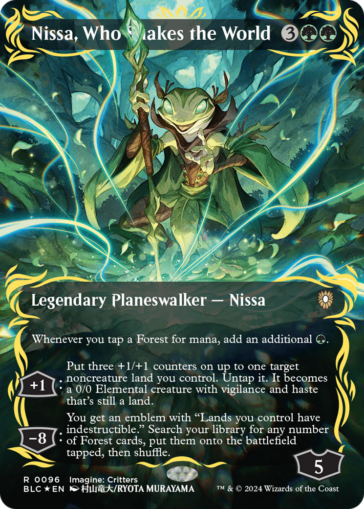 Nissa, Who Shakes the World (Borderless) (Raised Foil) [Bloomburrow Commander] MTG Single Magic: The Gathering    | Red Claw Gaming