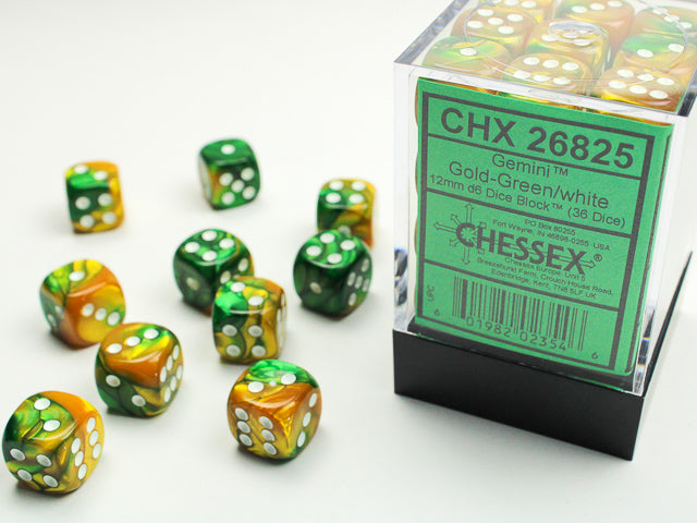 Gemini Gold-Green with White 12mm D6 Dice Chessex    | Red Claw Gaming