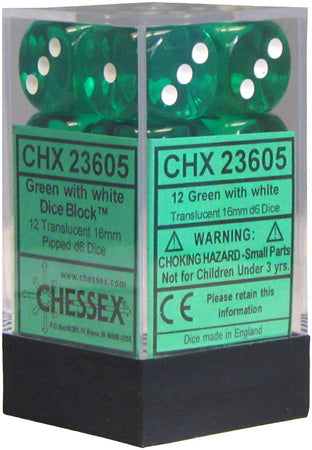 TRANSLUCENT GREEN/WHITE 16MM DICE BLOCK Dice Chessex    | Red Claw Gaming