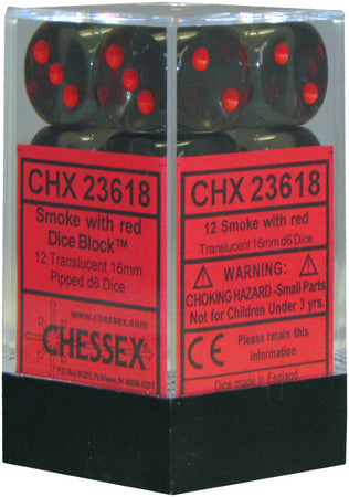 TRANSLUCENT 12D6 SMOKE WITH RED 16MM Dice Chessex | Red Claw Gaming