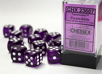 TRANSLUCENT 12D6 PURPLE WITH WHITE 16MM Dice Chessex | Red Claw Gaming