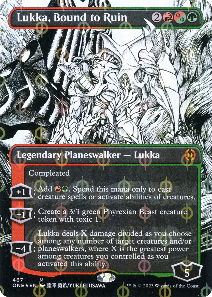 Lukka, Bound to Ruin (Borderless Manga Step-and-Compleat Foil) [Phyrexia: All Will Be One] MTG Single Magic: The Gathering    | Red Claw Gaming