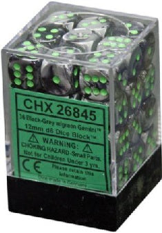 Gemini Black with Grey/Green 12mm D6 Dice Chessex    | Red Claw Gaming