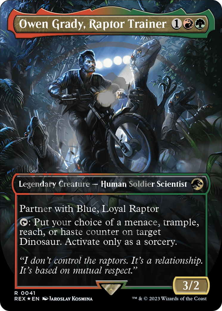 Owen Grady, Raptor Trainer (Emblem) (Borderless) [Jurassic World Collection Tokens] MTG Single Magic: The Gathering    | Red Claw Gaming