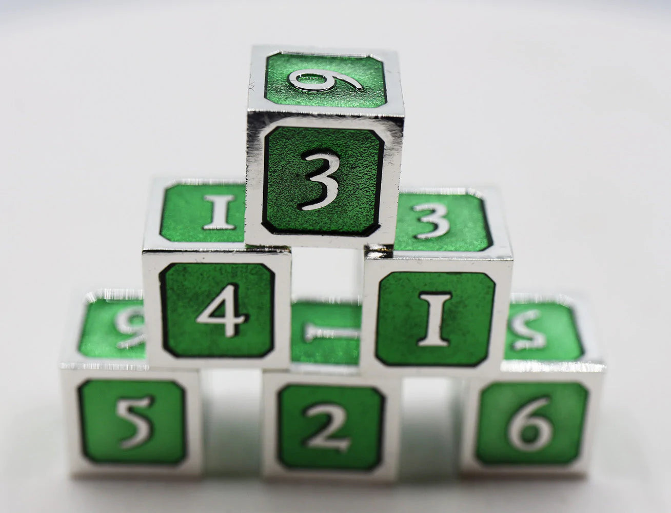 GREEN AND SILVER D6 METAL DICE SET Dice & Counters Foam Brain Games    | Red Claw Gaming