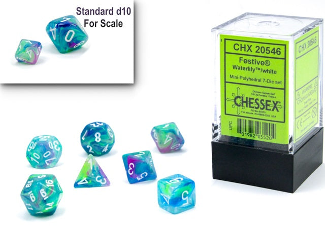 FESTIVE MINI-POLYHEDRAL 7-DIE SET WATERLILY/WHITE Dice Chessex    | Red Claw Gaming