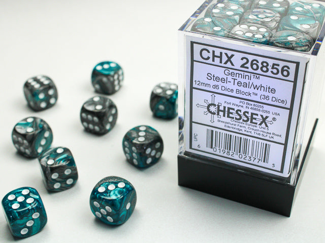 Gemini Steel Teal with White 12mm D6 Dice Chessex    | Red Claw Gaming