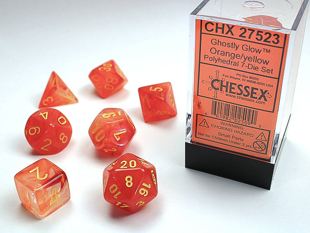 GHOSTLY GLOW 7-DIE SET ORANGE/YELLOW Dice Chessex    | Red Claw Gaming