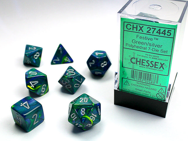 FESTIVE 7-DIE SET GREEN/SILVER Dice Chessex    | Red Claw Gaming