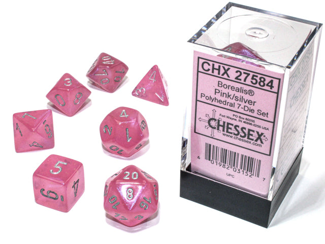 BOREALIS 7-DIE SET PINK/SILVER LUMINARY Dice Chessex    | Red Claw Gaming