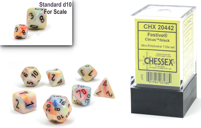 FESTIVE MINI-POLYHEDRAL 7-DIE SET CIRCUS/BLACK Dice Chessex    | Red Claw Gaming