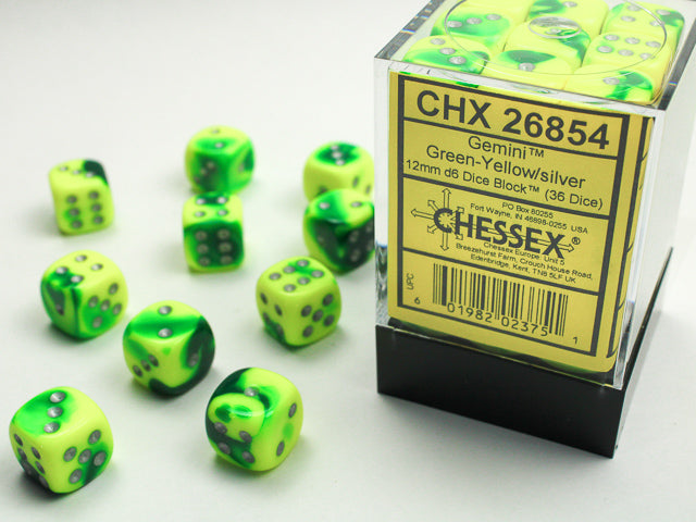 Gemini Green-Yellow and Silver 12mm D6 Dice Chessex    | Red Claw Gaming