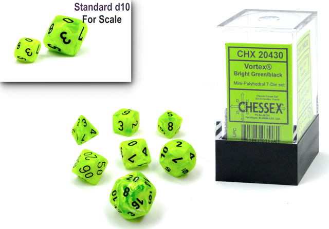 VORTEX MINI-POLYHEDRAL 7-DIE SET BRIGHT GREEN/BLACK Dice Chessex    | Red Claw Gaming