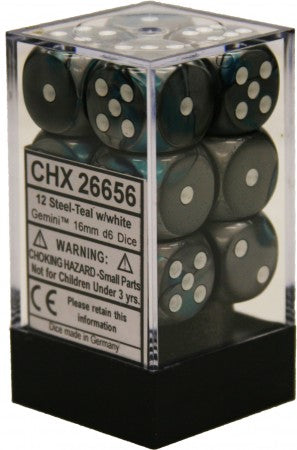 GEMINI 12D6 STEEL-TEAL WITH WHITE 16MM Dice Chessex    | Red Claw Gaming