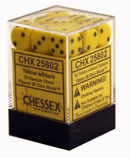 OPAQUE 36D6 YELLOW/BLACK 12MM Dice Chessex    | Red Claw Gaming