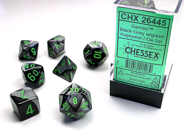 Gemini Black-Grey with Green 7-Die Set Dice Chessex    | Red Claw Gaming