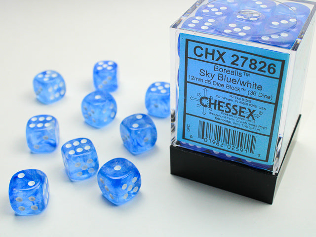 Borealis Sky Blue/White 12mm D6 Dice Chessex    | Red Claw Gaming