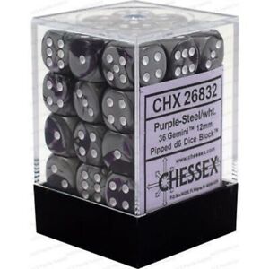 Gemini Purple Steel/White 12mm D6 Dice Chessex    | Red Claw Gaming